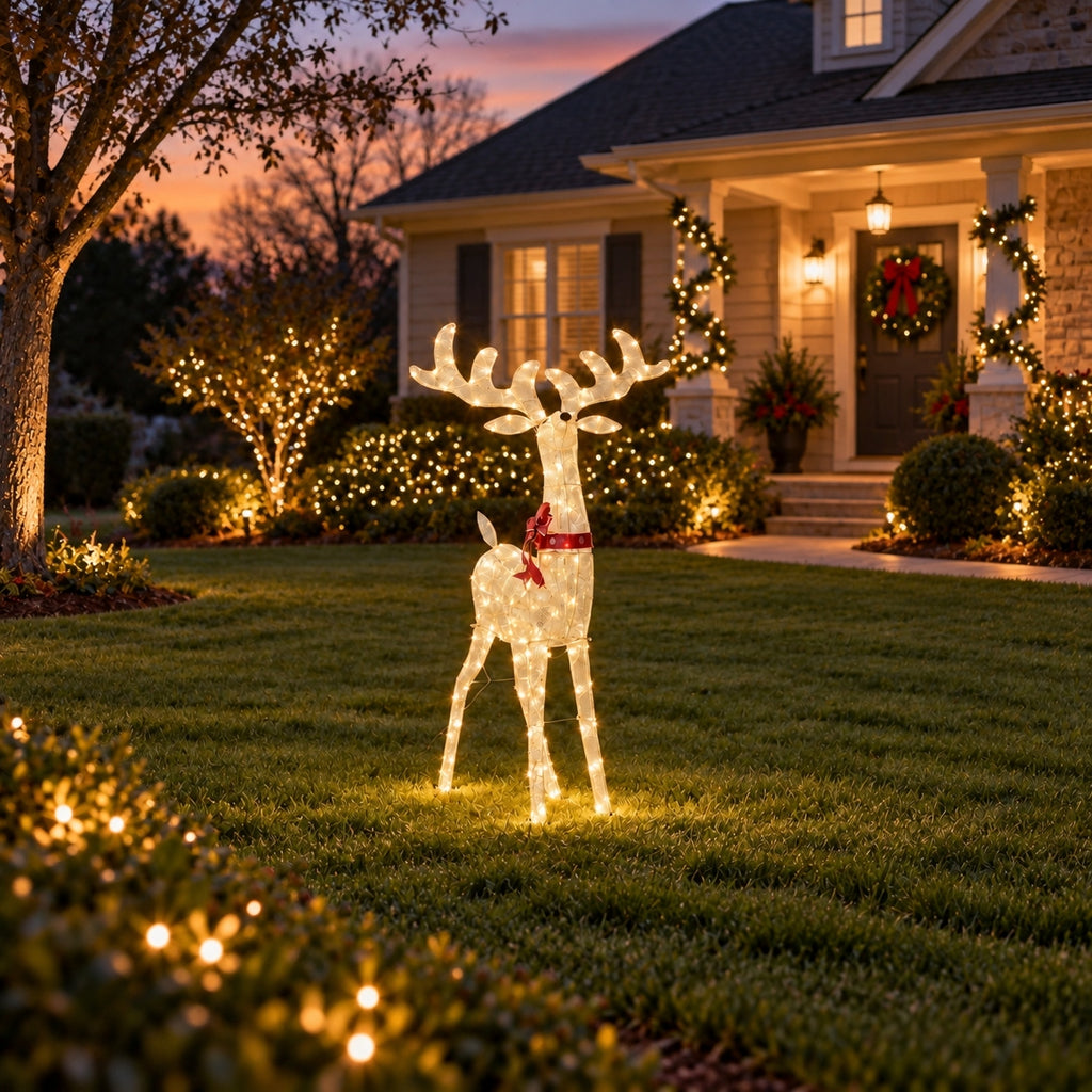54" White Mesh Animated Reindeer with Antlers and Red Bow, Warm LED Lights - media 3
