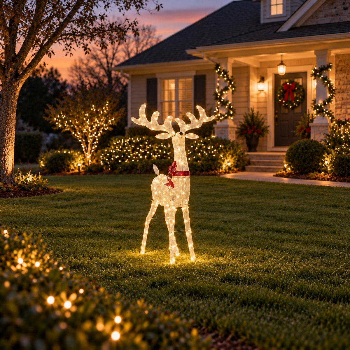 54" White Mesh Animated Reindeer with Antlers and Red Bow, Warm LED Lights - media 3