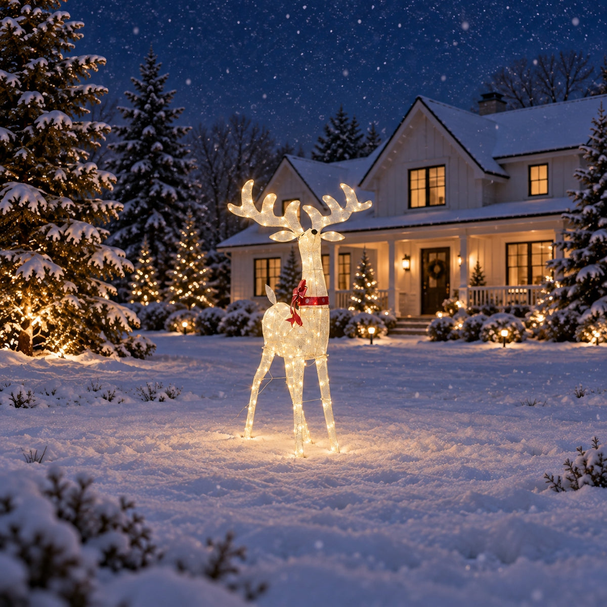 54" White Mesh Animated Reindeer with Antlers and Red Bow, Warm LED Lights - media 4