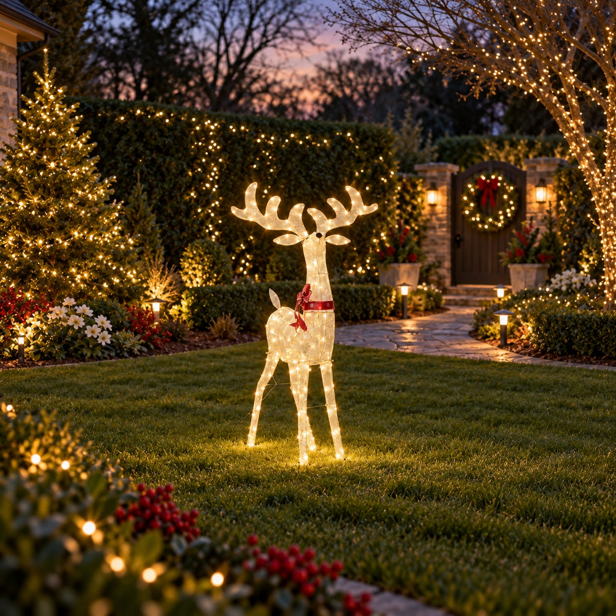54" White Mesh Animated Reindeer with Antlers and Red Bow, Warm LED Lights - media 5