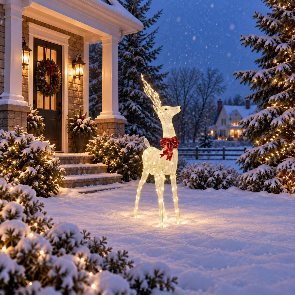 54" White Mesh Animated Reindeer with Antlers and Red Bow, Warm LED Lights - media 6