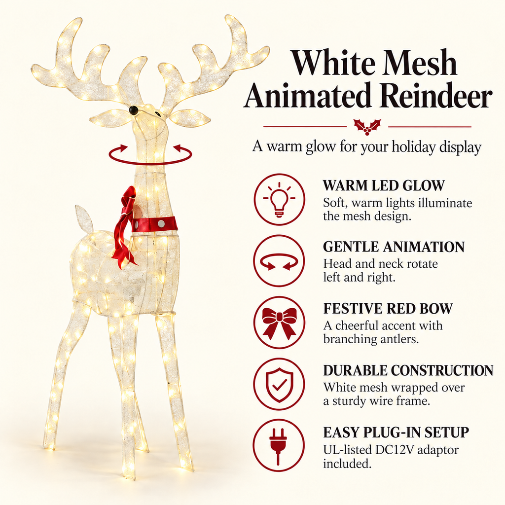 54" White Mesh Animated Reindeer with Antlers and Red Bow, Warm LED Lights - media 7