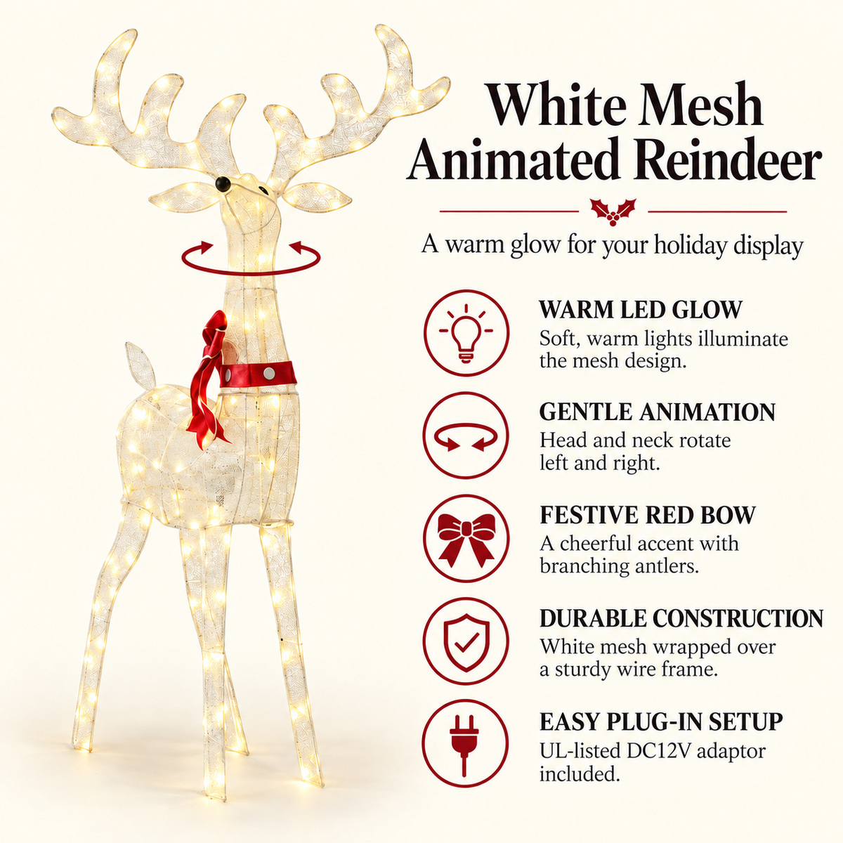 54" White Mesh Animated Reindeer with Antlers and Red Bow, Warm LED Lights - media 7