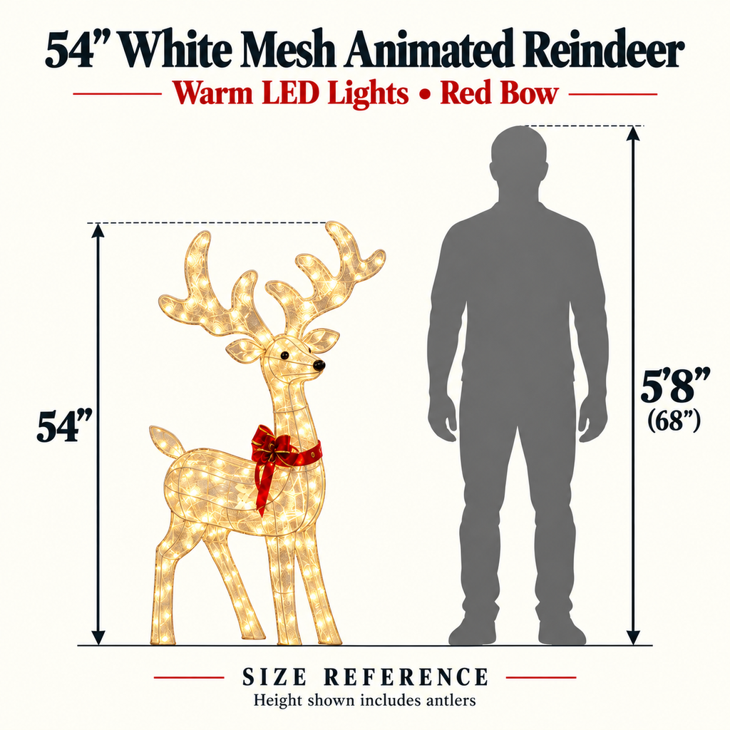 54" White Mesh Animated Reindeer with Antlers and Red Bow, Warm LED Lights - media 8