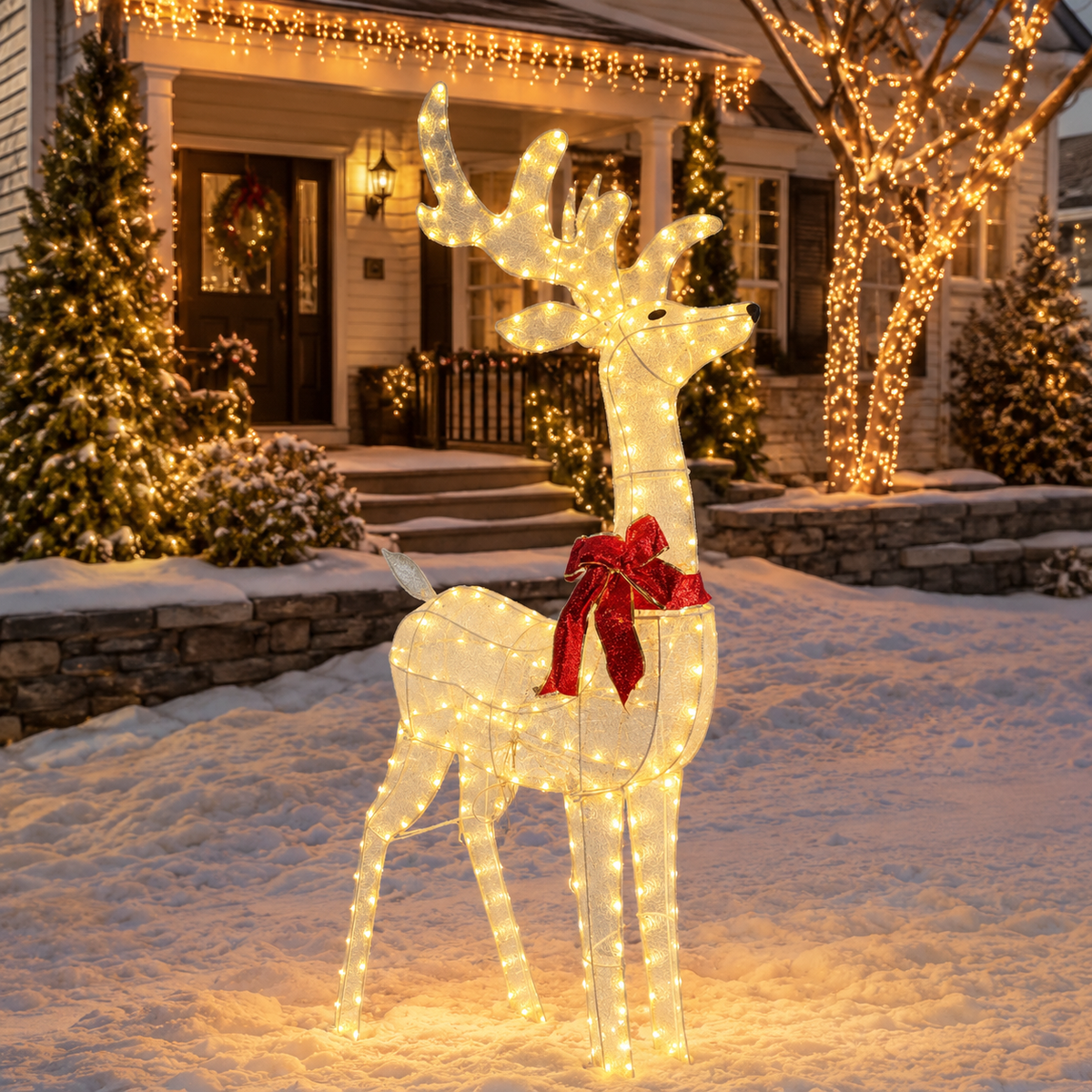 54" White Mesh Animated Reindeer with Antlers and Red Bow, Warm LED Lights - media 12