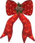 32" Red Fabric Lighted Ribbon Bow with Pinecones and Pine Sprigs, Warm LED Lights - media 1