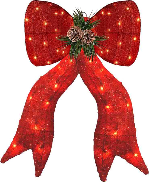 32" Red Fabric Lighted Ribbon Bow with Pinecones and Pine Sprigs, Warm LED Lights - media 1