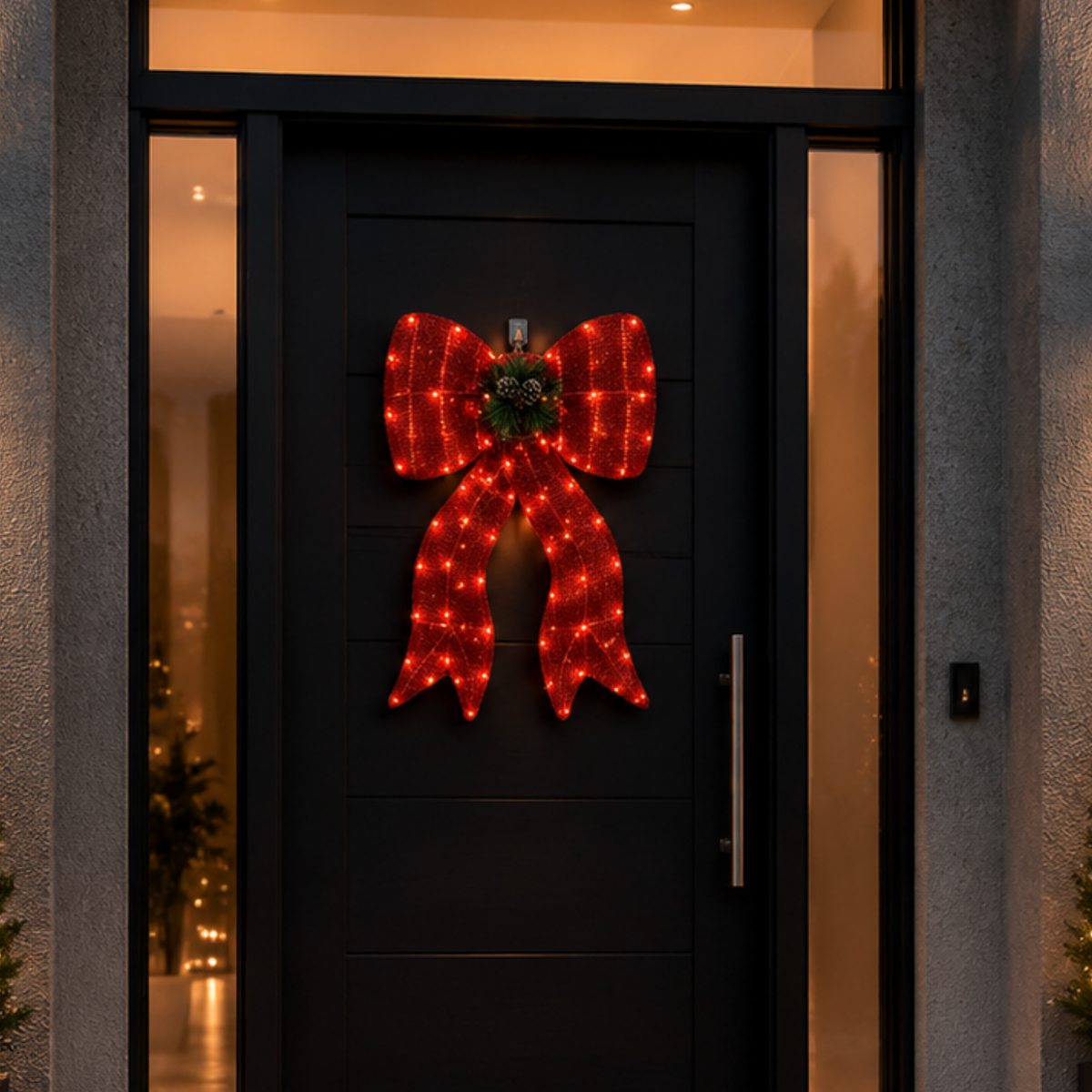 32" Red Fabric Lighted Ribbon Bow with Pinecones and Pine Sprigs, Warm LED Lights - media 2