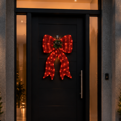 32" Red Fabric Lighted Ribbon Bow with Pinecones and Pine Sprigs, Warm LED Lights - media 2