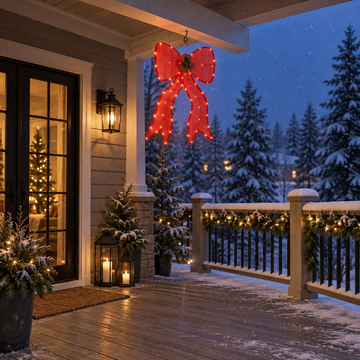 32" Red Fabric Lighted Ribbon Bow with Pinecones and Pine Sprigs, Warm LED Lights - media 4