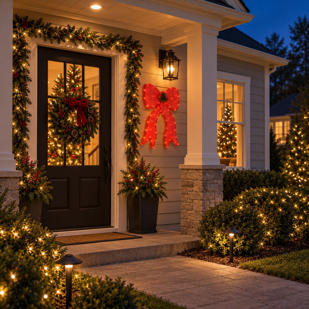32" Red Fabric Lighted Ribbon Bow with Pinecones and Pine Sprigs, Warm LED Lights - media 5