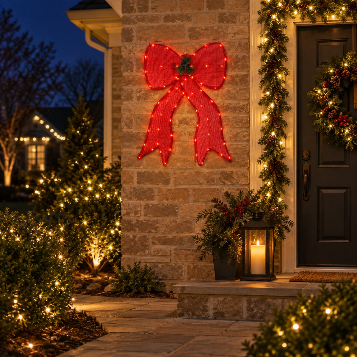 32" Red Fabric Lighted Ribbon Bow with Pinecones and Pine Sprigs, Warm LED Lights - media 6