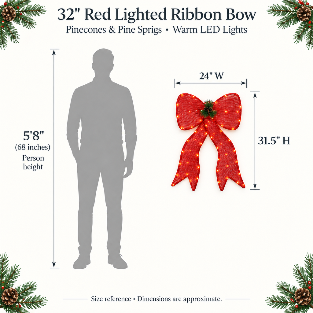 32" Red Fabric Lighted Ribbon Bow with Pinecones and Pine Sprigs, Warm LED Lights - media 7