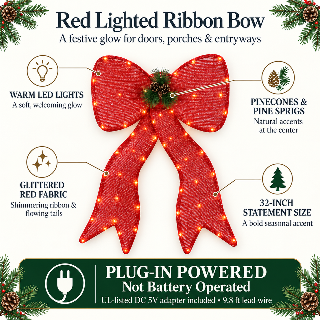 32" Red Fabric Lighted Ribbon Bow with Pinecones and Pine Sprigs, Warm LED Lights - media 8