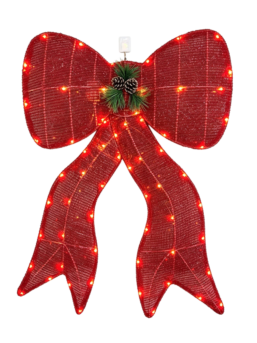 32" Red Fabric Lighted Ribbon Bow with Pinecones and Pine Sprigs, Warm LED Lights - media 9