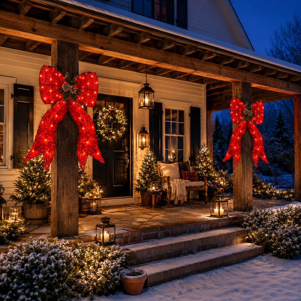 32" Red Fabric Lighted Ribbon Bow with Pinecones and Pine Sprigs, Warm LED Lights - media 12