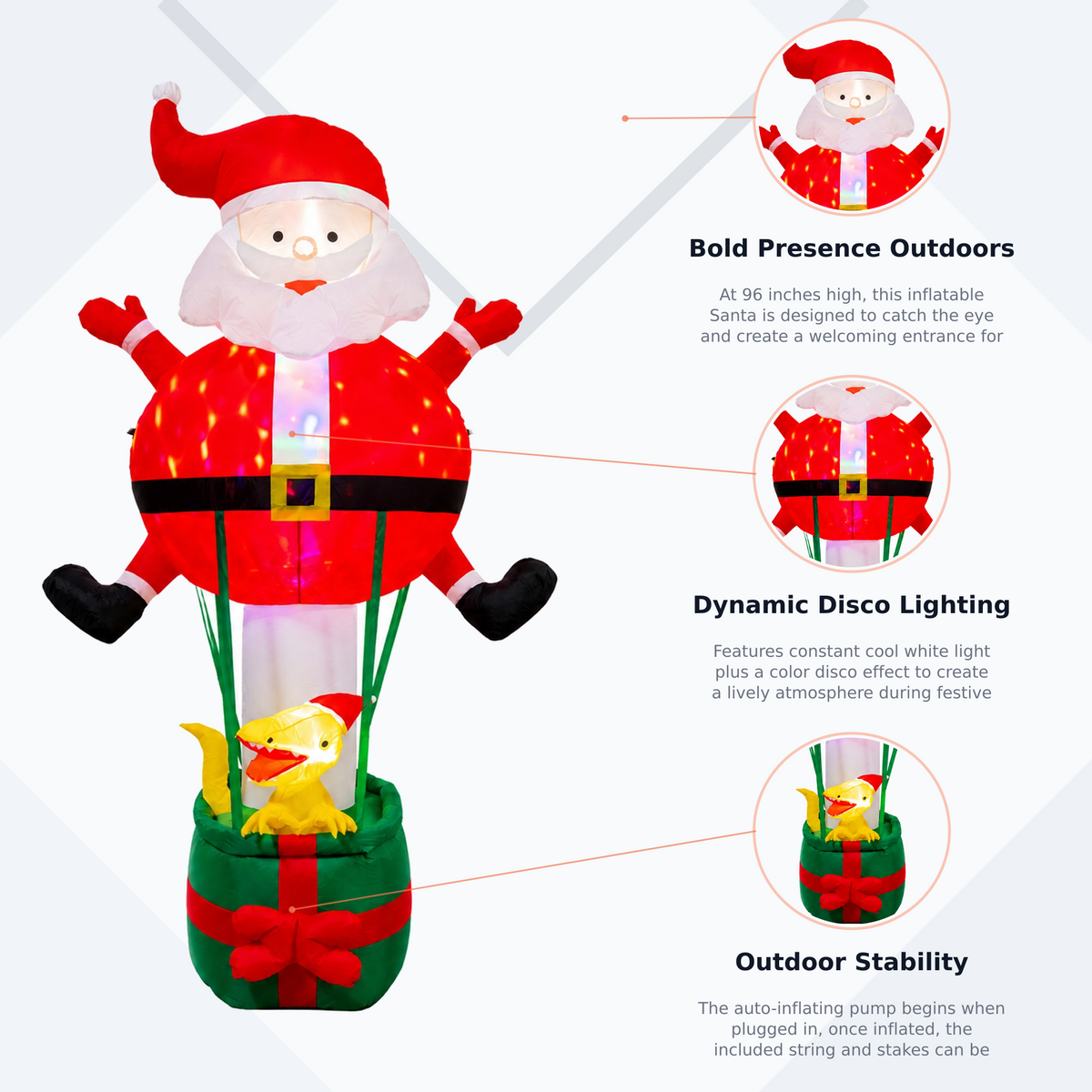 96 in. Lighted Inflatable Santa with Dinosaur Gift Box Christmas Yard Decoration - media 11