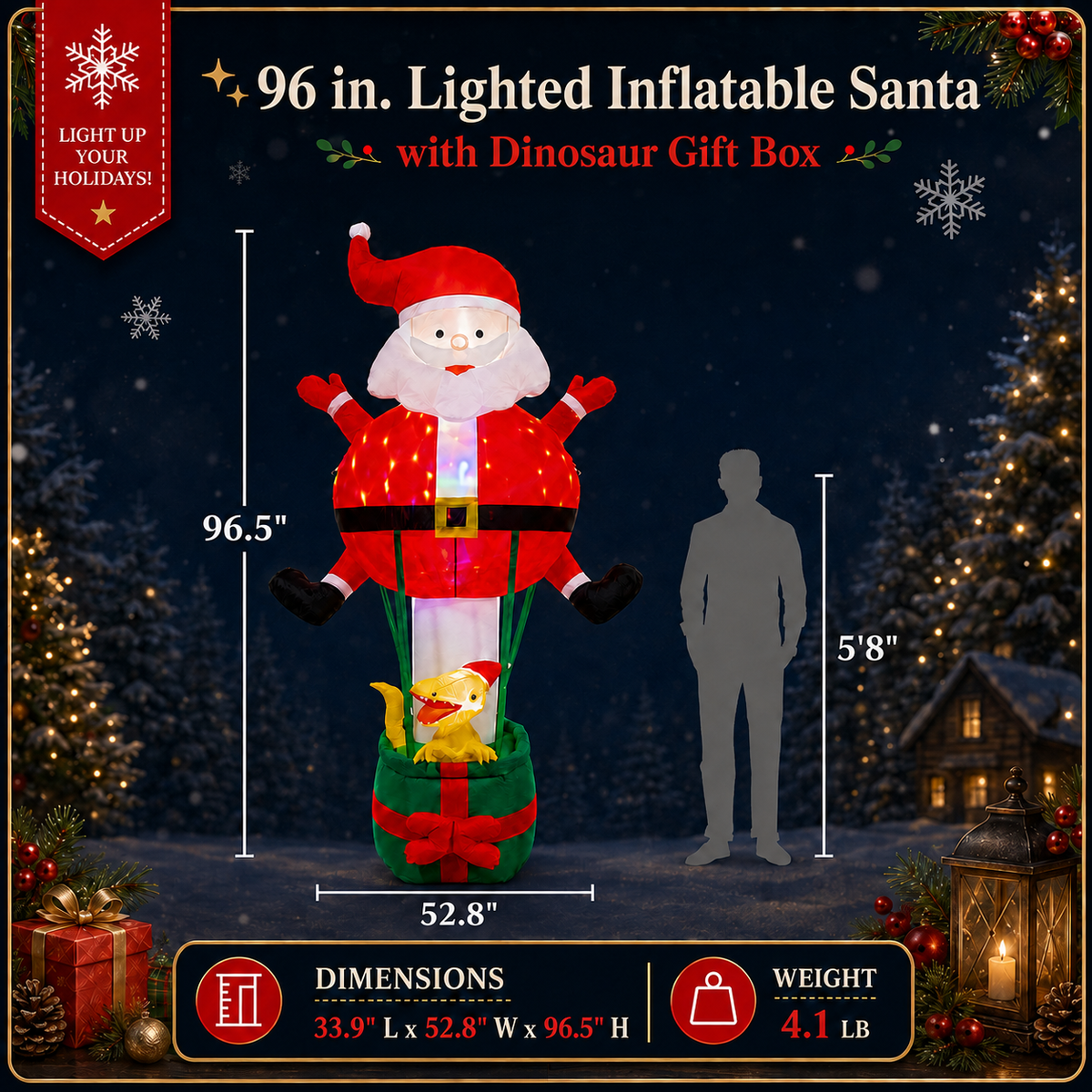 96 in. Lighted Inflatable Santa with Dinosaur Gift Box Christmas Yard Decoration - media 13