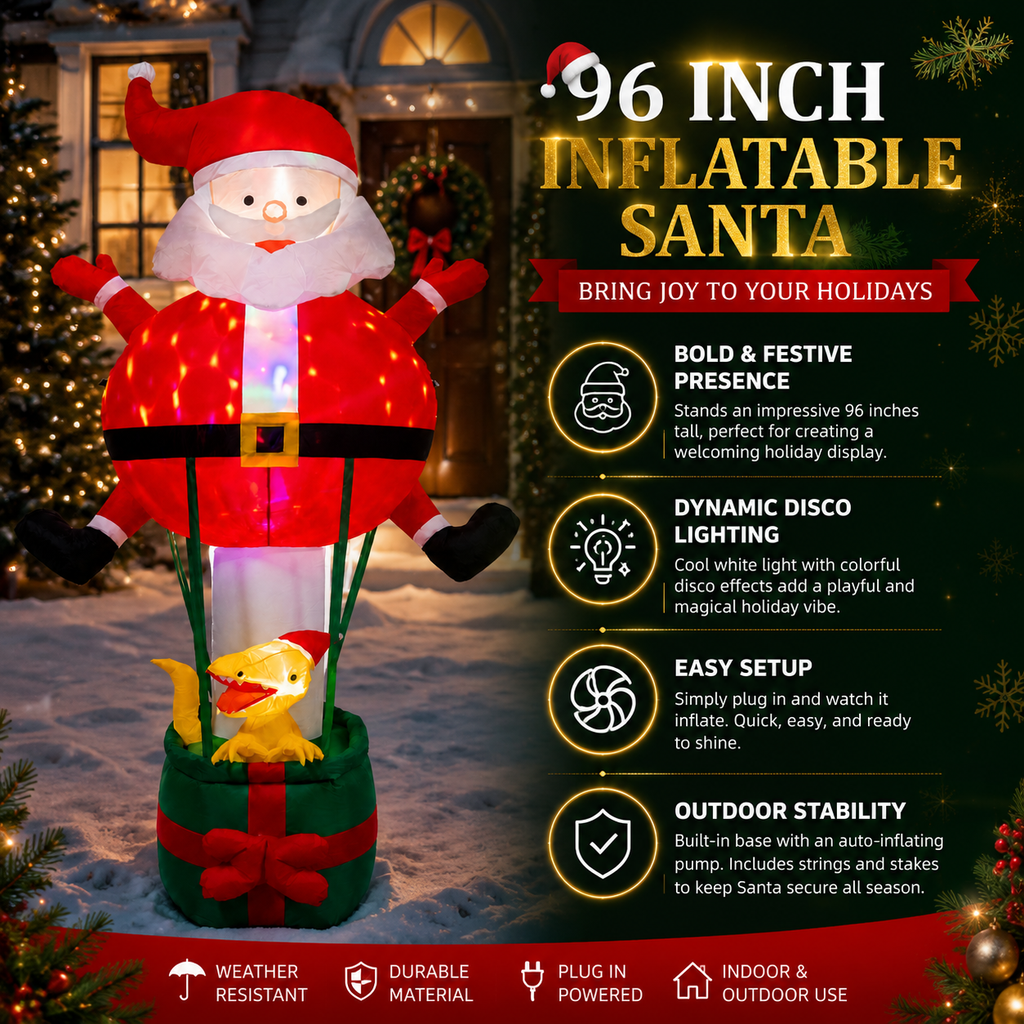 96 in. Lighted Inflatable Santa with Dinosaur Gift Box Christmas Yard Decoration - media 14