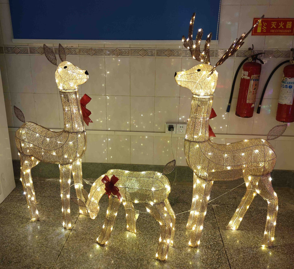 54 in, 46 in, and 23 in Gold Wire-Frame Lighted Deer Family Set with Warm White LEDs, Animated Motion, Iron Build, Red Bow Accents - media 1