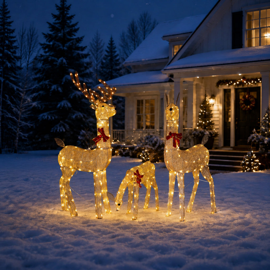 54 in, 46 in, and 23 in Gold Wire-Frame Lighted Deer Family Set with Warm White LEDs, Animated Motion, Iron Build, Red Bow Accents - media 2