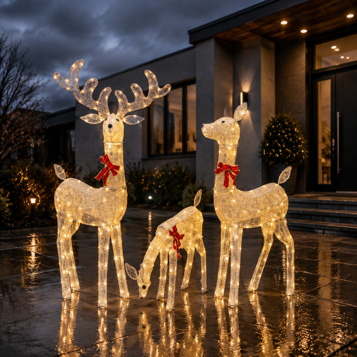 54 in, 46 in, and 23 in Gold Wire-Frame Lighted Deer Family Set with Warm White LEDs, Animated Motion, Iron Build, Red Bow Accents - media 3