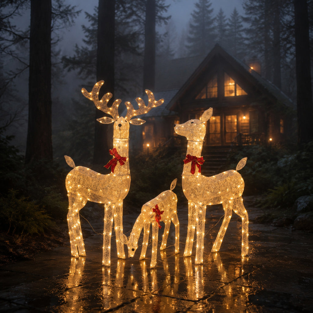 54 in, 46 in, and 23 in Gold Wire-Frame Lighted Deer Family Set with Warm White LEDs, Animated Motion, Iron Build, Red Bow Accents - media 4