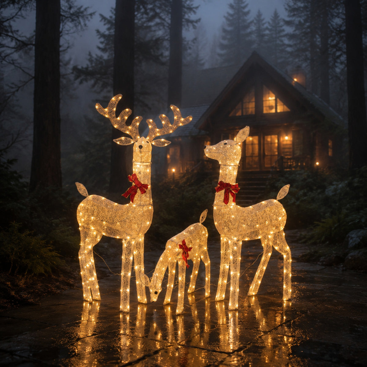 54 in, 46 in, and 23 in Gold Wire-Frame Lighted Deer Family Set with Warm White LEDs, Animated Motion, Iron Build, Red Bow Accents - media 4
