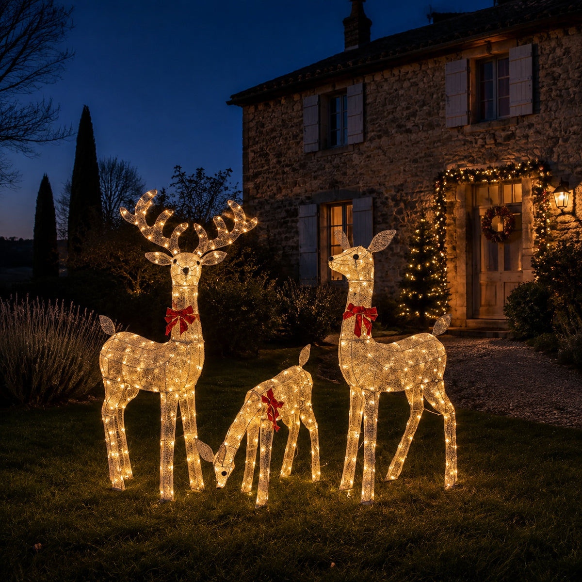 54 in, 46 in, and 23 in Gold Wire-Frame Lighted Deer Family Set with Warm White LEDs, Animated Motion, Iron Build, Red Bow Accents - media 5
