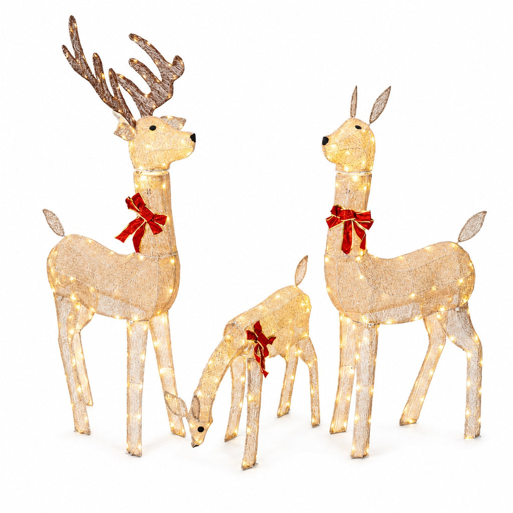 54 in, 46 in, and 23 in Gold Wire-Frame Lighted Deer Family Set with Warm White LEDs, Animated Motion, Iron Build, Red Bow Accents - media 6