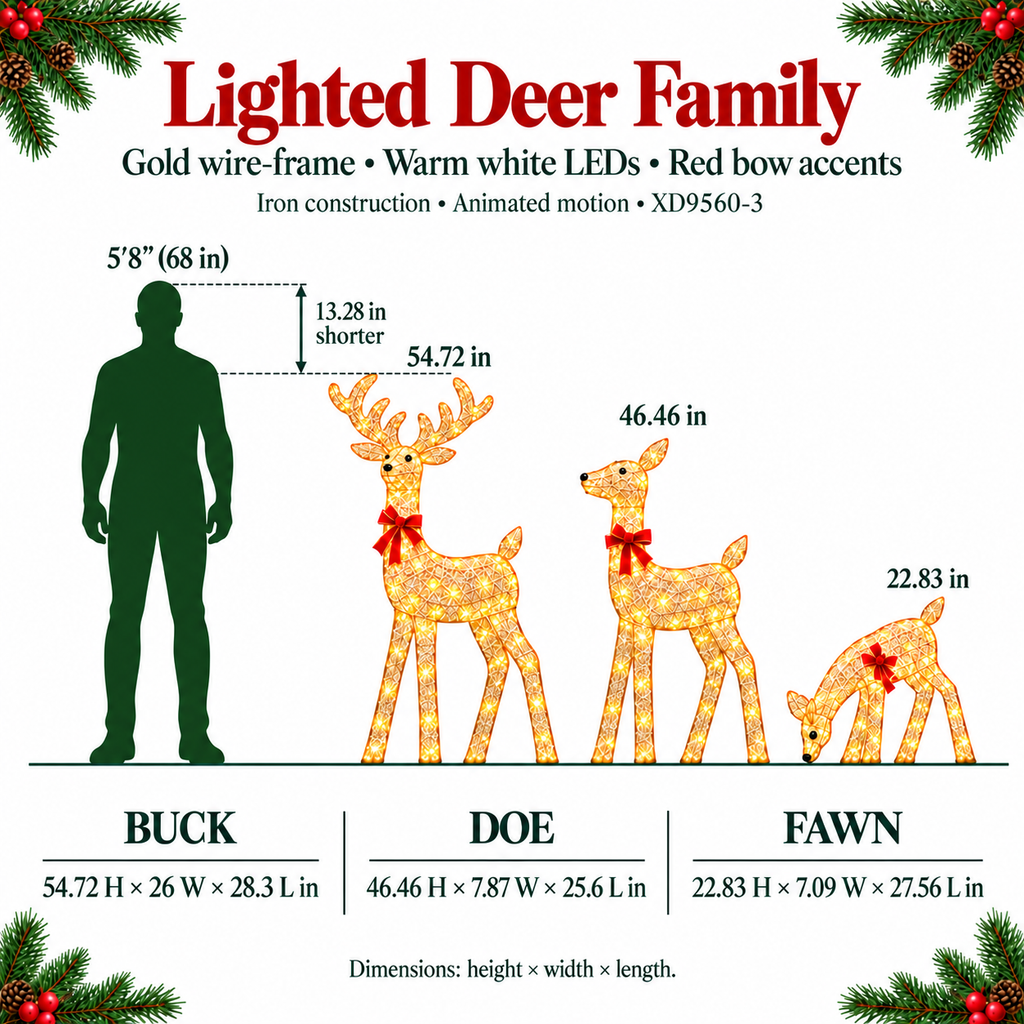 54 in, 46 in, and 23 in Gold Wire-Frame Lighted Deer Family Set with Warm White LEDs, Animated Motion, Iron Build, Red Bow Accents - media 7