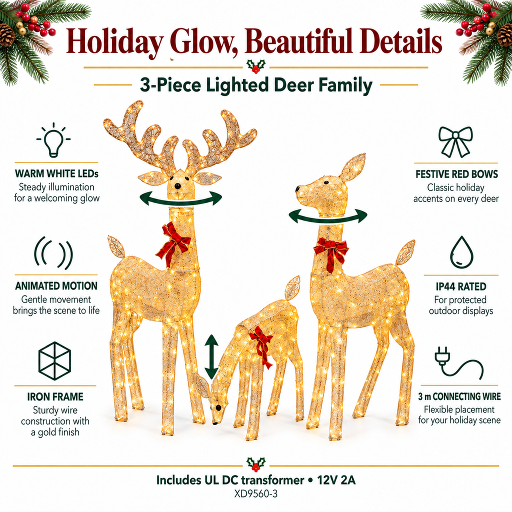 54 in, 46 in, and 23 in Gold Wire-Frame Lighted Deer Family Set with Warm White LEDs, Animated Motion, Iron Build, Red Bow Accents - media 8