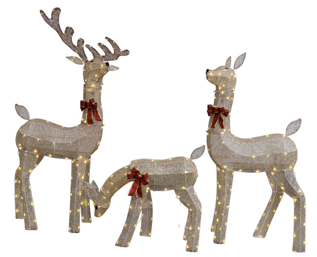 54 in, 46 in, and 23 in Gold Wire-Frame Lighted Deer Family Set with Warm White LEDs, Animated Motion, Iron Build, Red Bow Accents - media 9