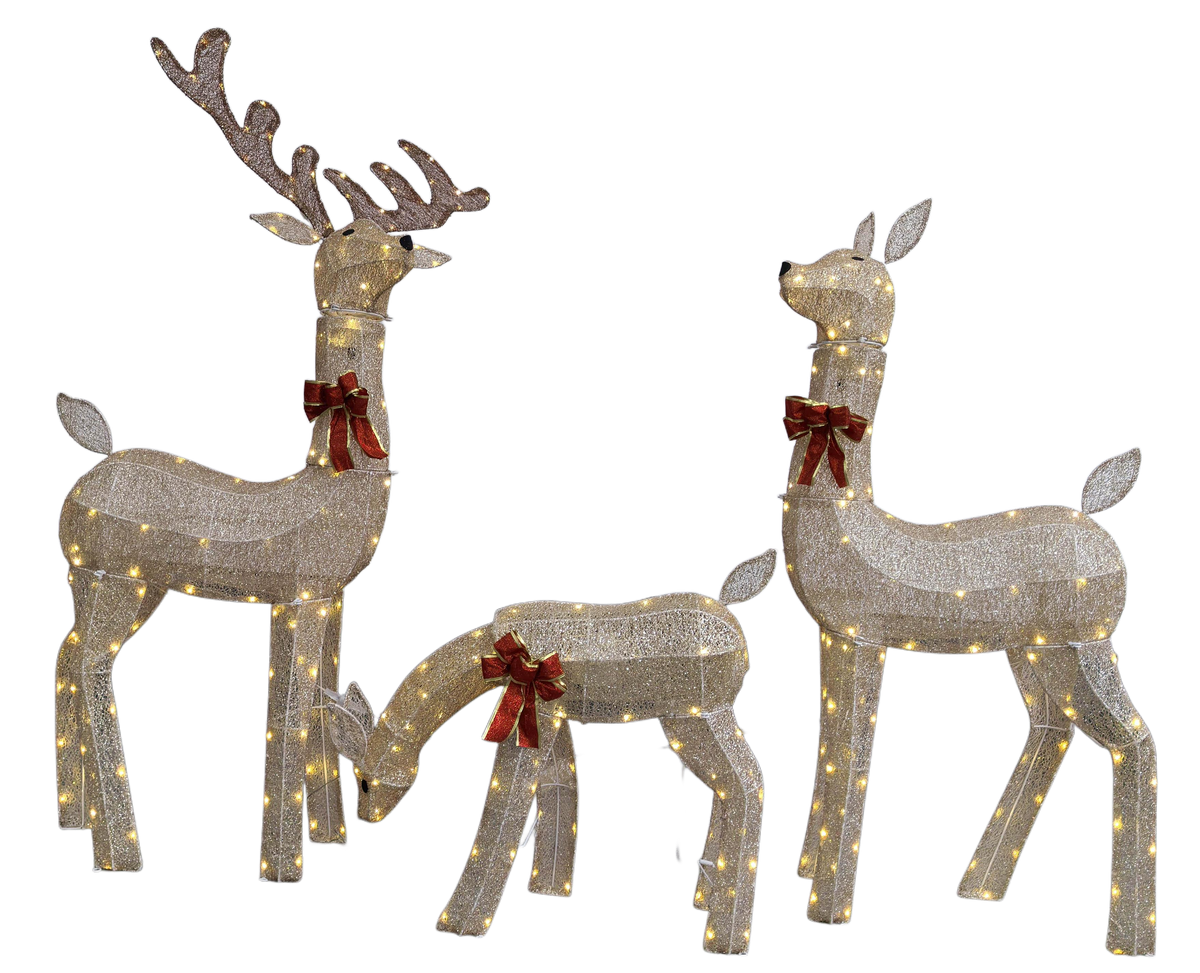 54 in, 46 in, and 23 in Gold Wire-Frame Lighted Deer Family Set with Warm White LEDs, Animated Motion, Iron Build, Red Bow Accents - media 9