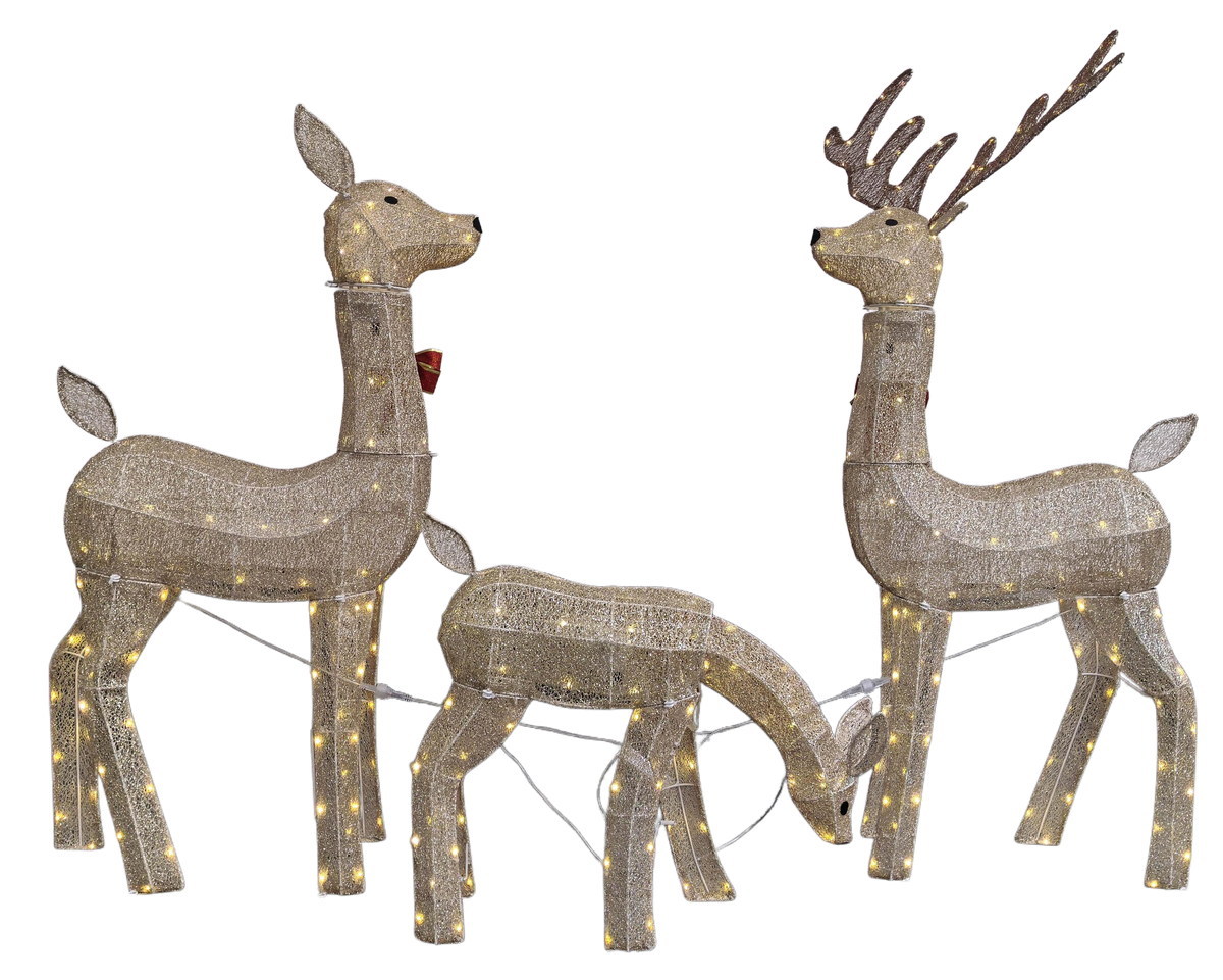 54 in, 46 in, and 23 in Gold Wire-Frame Lighted Deer Family Set with Warm White LEDs, Animated Motion, Iron Build, Red Bow Accents - media 10