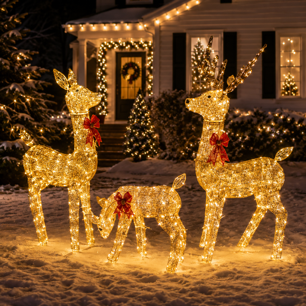 54 in, 46 in, and 23 in Gold Wire-Frame Lighted Deer Family Set with Warm White LEDs, Animated Motion, Iron Build, Red Bow Accents - media 12